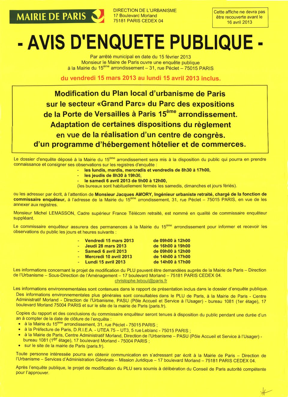 Affiche enquête publique PLU secteur Grand Parc proche de la Tour Triangle