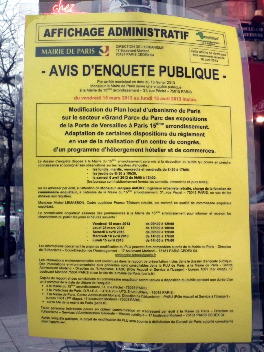 Affiche avis enquête publique PLU Grand Parc